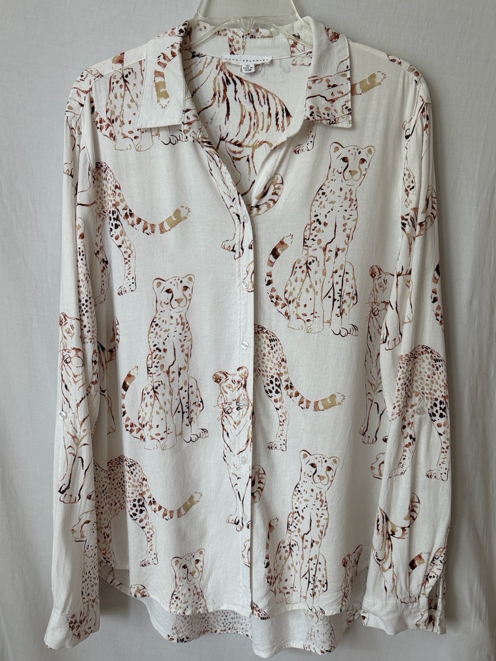 Big Cat Tiger Cheetah Linen Blend Button Down Shirt XL